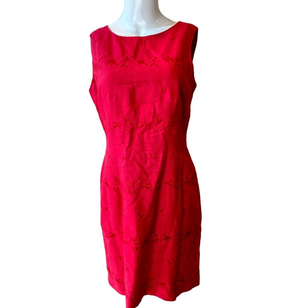 John Roberts Womens Midi Sheath Dress Sleeveless Embroidered Back Zip Red Size 8